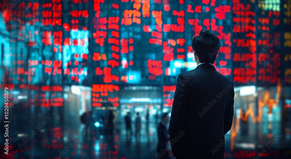 Businessman analyzing stock market data on big digital screen Businessman analyzing stock market data on big digital screen