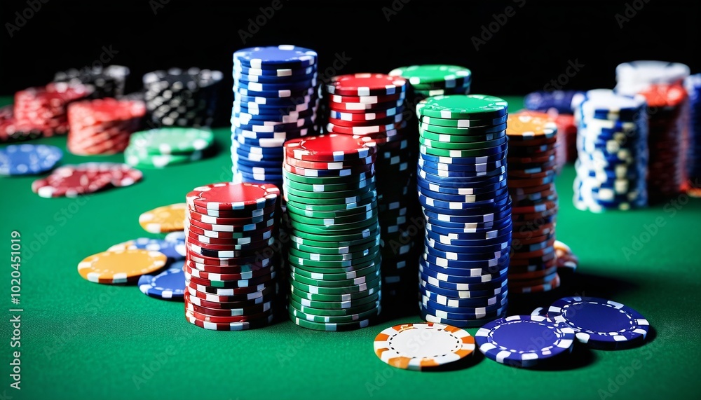 A vibrant composition of poker chips stacked high on a casino table, evoking the energy of a bustling gambling scene where fortunes can change with every hand dealt, Generative AI A vibrant composition of poker chips stacked high on a casino table, evoking the energy of a bustling gambling scene where fortunes can change with every hand dealt, Generative AI