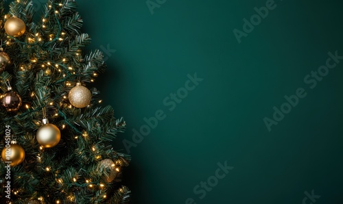 Christmas tree with decorations and sparkling fairy lights, with solid green background, copy space, Merry Christmas background, holiday decor ad, festive showcase.