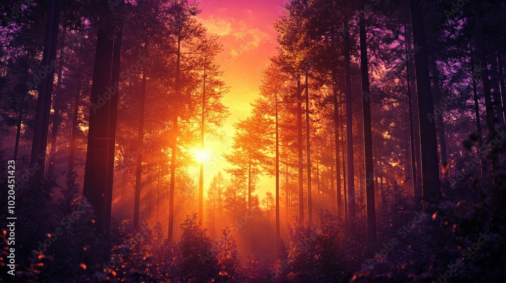 A cinematic forest scene at sunset, with the golden light illuminating the treetops and the forest floor, as the sky transitions to deep purples and oranges, creating a breathtaking contrast of colors A cinematic forest scene at sunset, with the golden light illuminating the treetops and the forest floor, as the sky transitions to deep purples and oranges, creating a breathtaking contrast of colors