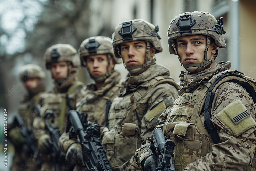 Group of soldiers with assault rifles in military uniform is ready for storm Group of soldiers with assault rifles in military uniform is ready for storm