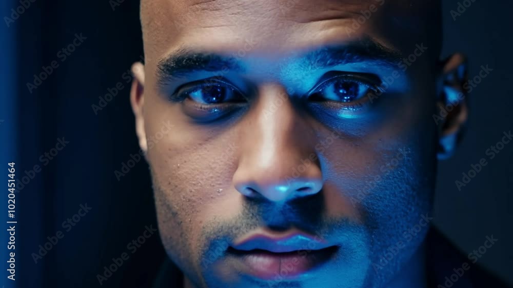 A man looks directly at the camera in a blue-lit room A man looks directly at the camera in a blue-lit room