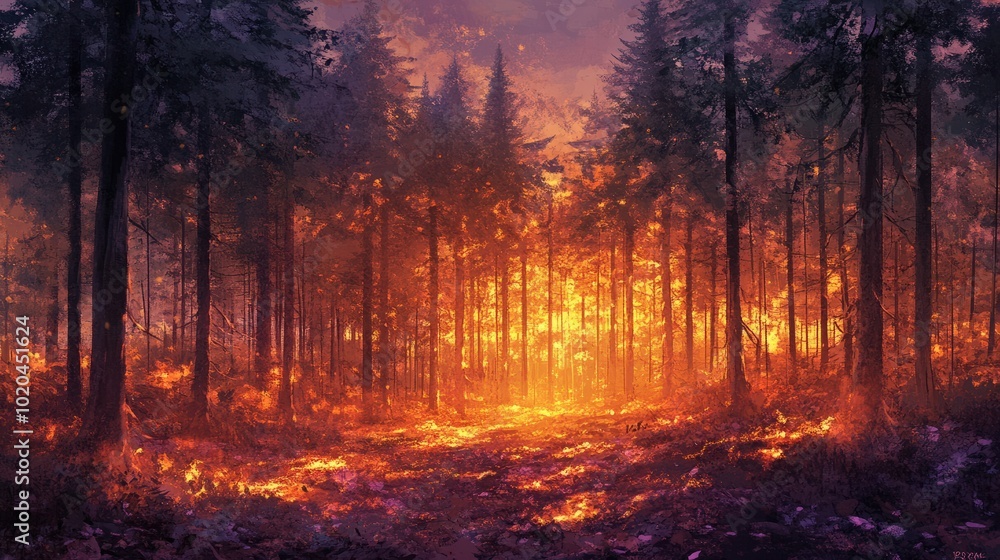A cinematic forest scene at sunset, with the golden light illuminating the treetops and the forest floor, as the sky transitions to deep purples and oranges, creating a breathtaking contrast of colors A cinematic forest scene at sunset, with the golden light illuminating the treetops and the forest floor, as the sky transitions to deep purples and oranges, creating a breathtaking contrast of colors