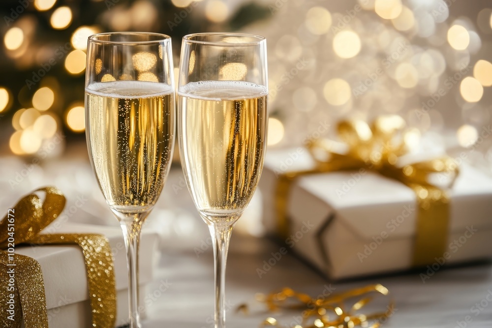 Two glasses of champagne with gold ribbon and gift on background. Two glasses of champagne with gold ribbon and gift on background.