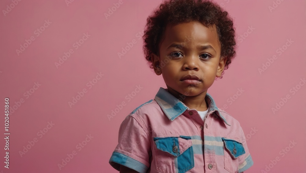 African toddler boy in light shirt with collar details against pink background African toddler boy in light shirt with collar details against pink background