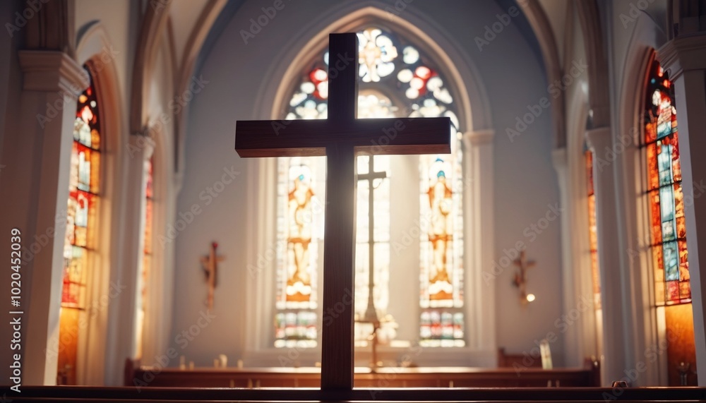 An elegant portrayal of a church with a prominent cross, surrounded by gentle light, capturing the essence of faith and the warmth of Christian fellowship, Generative AI An elegant portrayal of a church with a prominent cross, surrounded by gentle light, capturing the essence of faith and the warmth of Christian fellowship, Generative AI