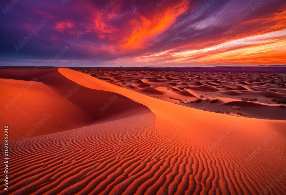 Naklejka premium vivid sunset over expansive sand dune patterns capturing beauty palette striking colors textures, orange, pink, purple, blue, red, yellow, landscape