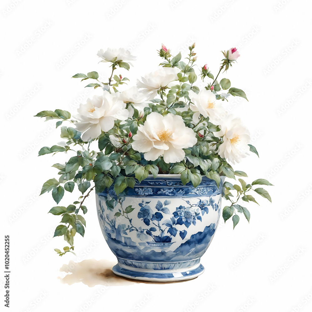 Blooming Wild Rose Plant in an Oriental Porcelain Planter. Blue and White Chinoiserie Style. Blooming Wild Rose Plant in an Oriental Porcelain Planter. Blue and White Chinoiserie Style.