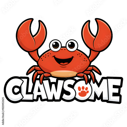 A cute, happy crab with big eyes, holding its claws up as if cheering. The text 'Clawsome' is written in a bold, playful font next to the crab