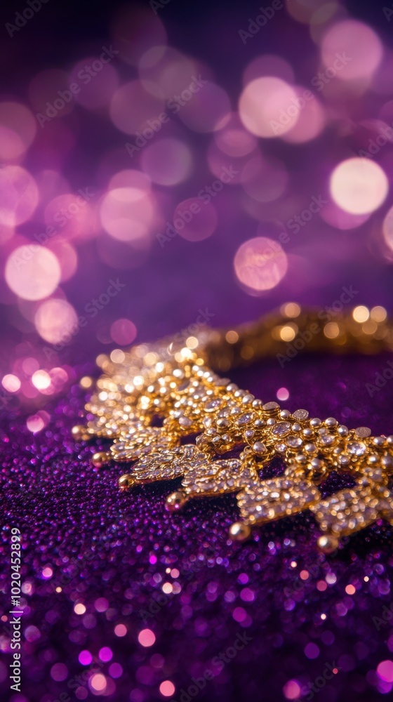 Golden necklace with intricate beadwork, resting on a plum backdrop with soft glitter accents, copy space, happy Diwali background, traditional, Indian festival Golden necklace with intricate beadwork, resting on a plum backdrop with soft glitter accents, copy space, happy Diwali background, traditional, Indian festival