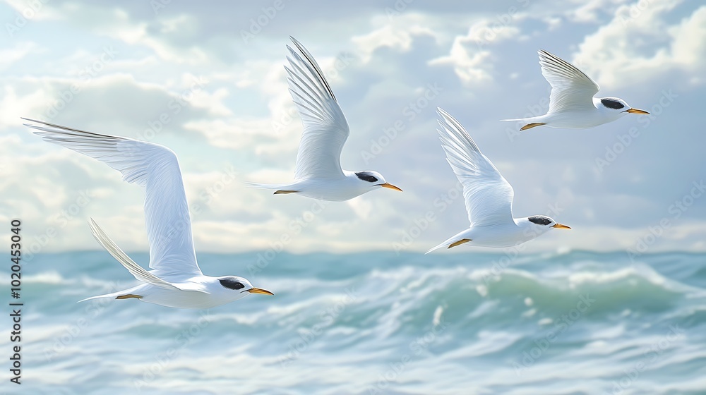 Four white birds flying over ocean waves under a cloudy sky. Four white birds flying over ocean waves under a cloudy sky.