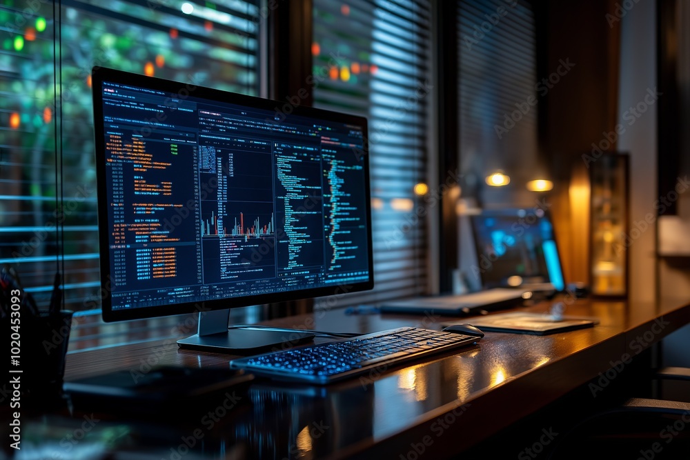 Computer showing financial data and source code on desk at night Computer showing financial data and source code on desk at night