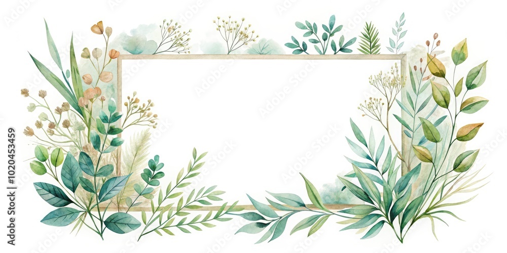 Fototapeta premium A minimalist watercolor frame featuring meadow plants, perfect for adding a touch of nature-inspired elegance to your space. Embrace serene beauty with this art piece.