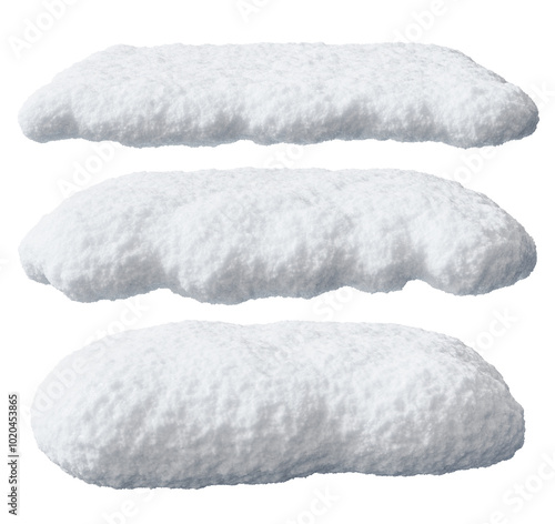 Realistic snow heaps, caps set on transparent background. Cut out snowy elements. Ideal for winter-themed designs, holiday graphics or seasonal decorations. Snow cover. Christmas, New year. 3D.