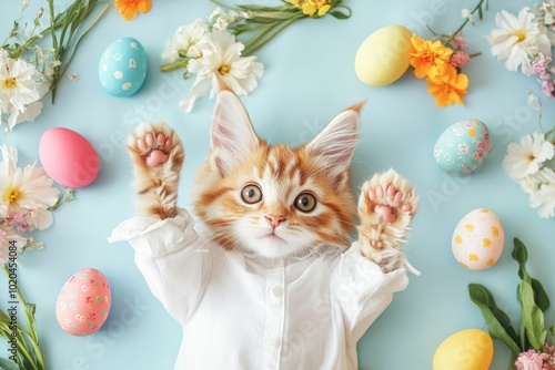 A playful kitten surrounded by colorful Easter eggs and flowers. This charming scene captures joy and celebration. Perfect for springtime themes. Generative AI photo