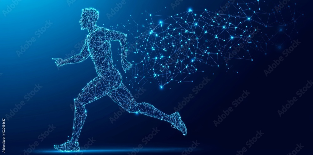 Low polygonal illustration of a running man on a blue background. Low polygonal illustration of a running man on a blue background.