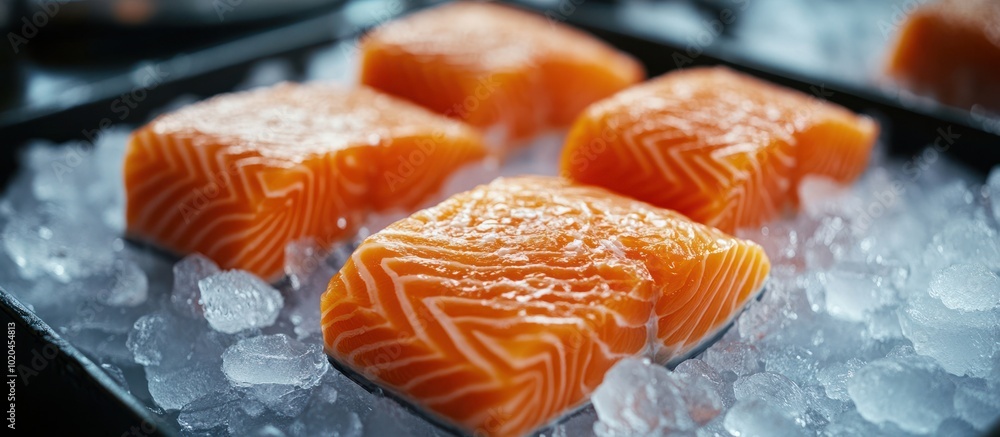 Close-up of fresh salmon fillets on ice. Close-up of fresh salmon fillets on ice.