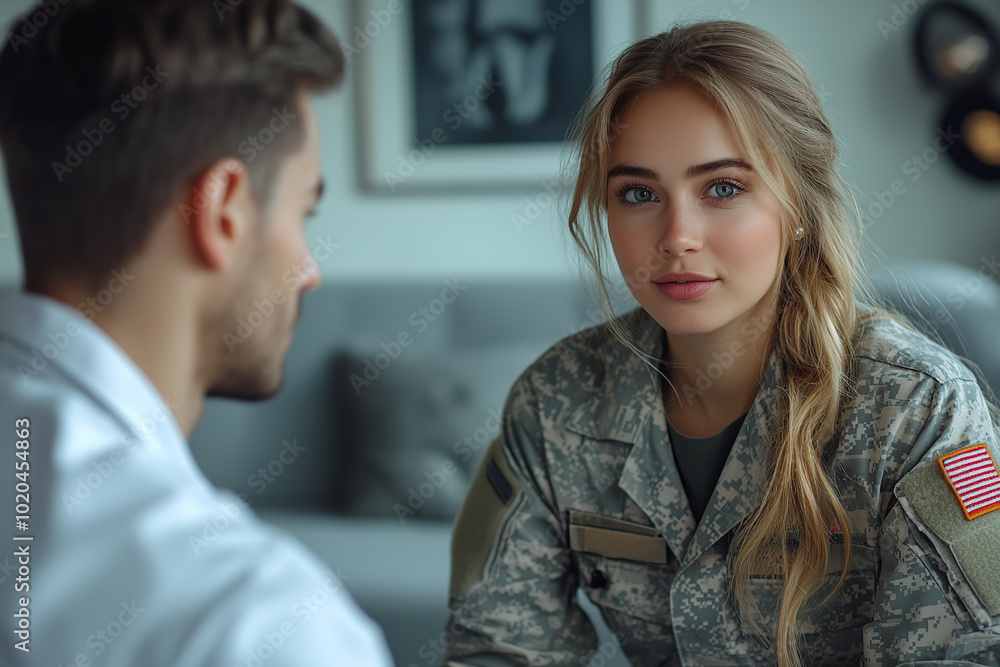 Psychiatrist having therapy session with military soldier after completing a combat mission Psychiatrist having therapy session with military soldier after completing a combat mission