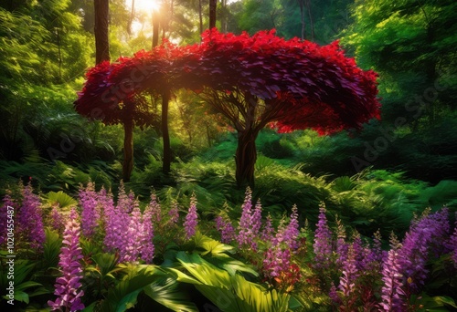 vibrant textures lush flora illuminated sunlight showcasing beauty nature, botanical, bloom, flowers, plants, greenery, illumination, forest, leaves photo