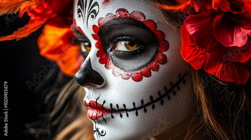  A stunning close-up of a girl's face painted in traditional Calavera makeup for Día de los Muertos photo