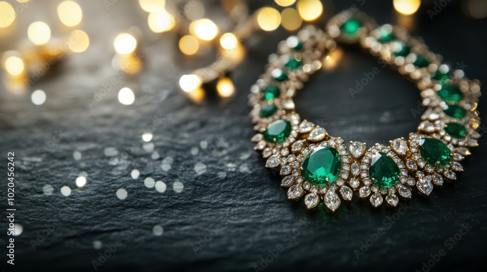 Luxurious emerald and diamond necklace, on rich charcoal gray background with radiant sparkles, with festive lights bokeh in background, Copy space, happy Diwali background, traditional, Indian Luxurious emerald and diamond necklace, on rich charcoal gray background with radiant sparkles, with festive lights bokeh in background, Copy space, happy Diwali background, traditional, Indian
