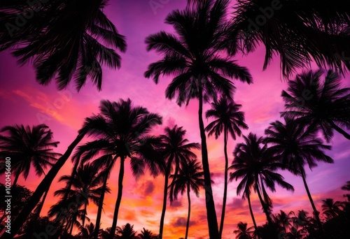 vibrant sunset illuminating lush palm tree canopies rich colors dramatic silhouettes tropical paradise, canopy, backdrop, horizon, light, sky, dusk, evening