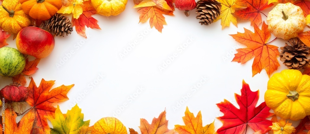 On a white background, the mockup features a postcard with flowers and a ribb with autumn leaves surrounded by a background and various details On a white background, the mockup features a postcard with flowers and a ribb with autumn leaves surrounded by a background and various details