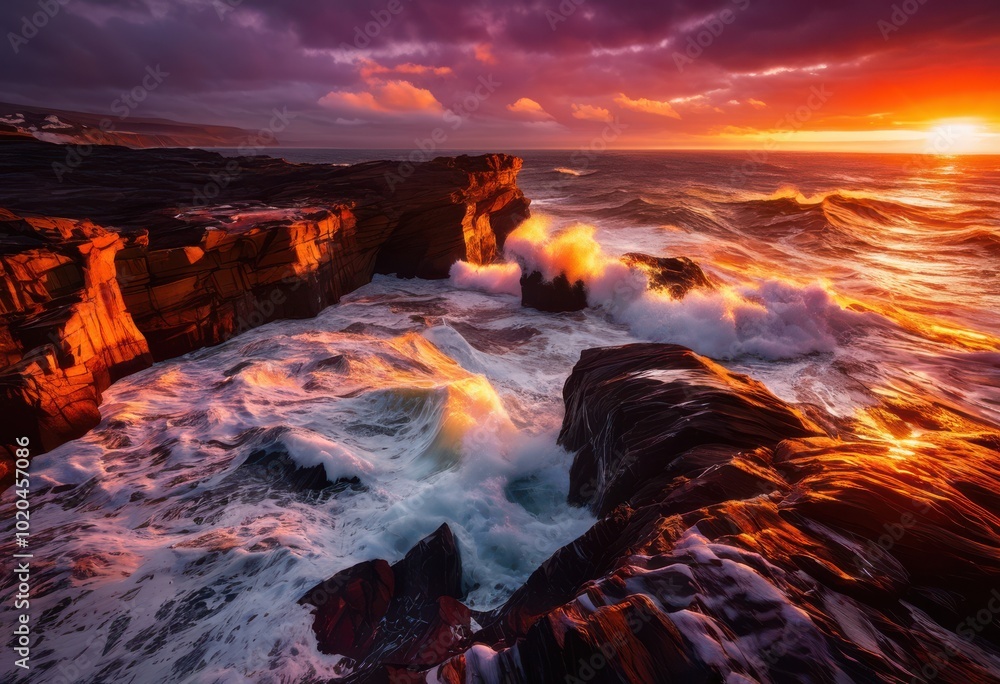 dynamic waves crashing rugged coastal cliffs golden hour vibrant sunsets dramatic shadows creating spectacular marine scenery, ocean, water, sky, horizon, surf dynamic waves crashing rugged coastal cliffs golden hour vibrant sunsets dramatic shadows creating spectacular marine scenery, ocean, water, sky, horizon, surf