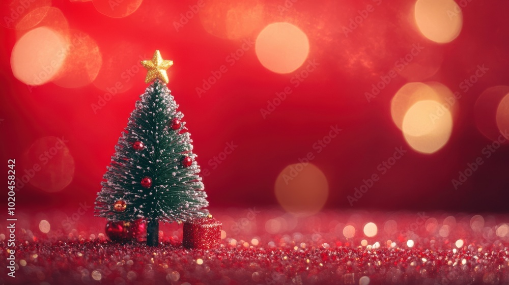 Miniature Christmas tree with decorations and sparkling fairy lights, with glittery solid red background, copy space, Merry Christmas background, holiday decor ad, festive showcase Miniature Christmas tree with decorations and sparkling fairy lights, with glittery solid red background, copy space, Merry Christmas background, holiday decor ad, festive showcase