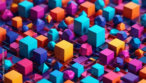 An imaginative abstract background filled with vibrant 3D geometric shapes, utilizing a spectrum of saturated colors to enhance the visual appeal, Generative AI