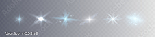 Glow isolated white and blue transparent starlight effect set, lens flare, explosion, line, sun flash, glitter, spark and stars. Abstract special effect element design. Shine ray