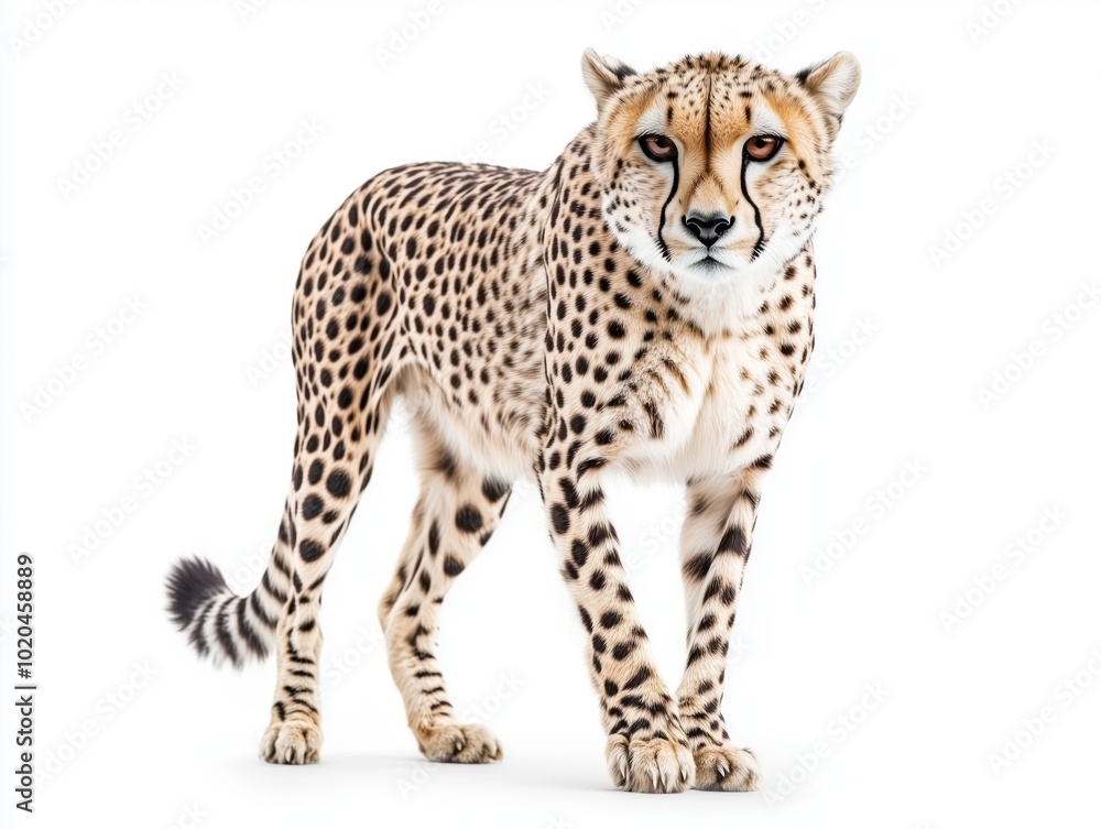 A full-body portrait of a cheetah standing half-turned, gazing at the camera, isolated on a white background. His fierce gaze and powerful stance capture the essence of the wildcat A full-body portrait of a cheetah standing half-turned, gazing at the camera, isolated on a white background. His fierce gaze and powerful stance capture the essence of the wildcat