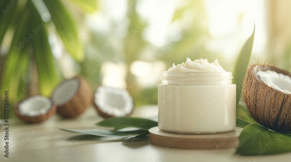 Luxurious Jar of Body Butter with Creamy Texture Surrounded by Fresh Coconut and Leaves, Soft Lighting and Smooth Textures Luxurious Jar of Body Butter with Creamy Texture Surrounded by Fresh Coconut and Leaves, Soft Lighting and Smooth Textures