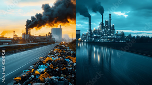 An image split in half: a dirty, smoke-filled industrial plant managing waste in the traditional way, and a gleaming hydrogen-powered waste processing center, where automated machi photo