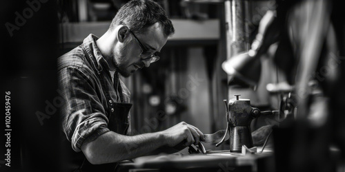 An evocative black-and-white photo of a skilled craftsperson at work