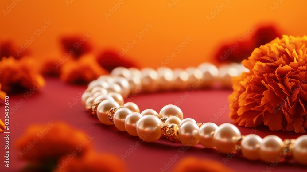 Opulent pearl necklace lying on a warm sunset orange-to-red gradient backdrop with gentle marigold decorations, Copy space, happy Diwali background, traditional, Indian festival Opulent pearl necklace lying on a warm sunset orange-to-red gradient backdrop with gentle marigold decorations, Copy space, happy Diwali background, traditional, Indian festival