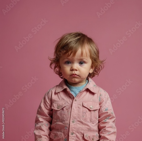 Young blonde child with tousled hair and serious expression, wearing floral-patterned jacket