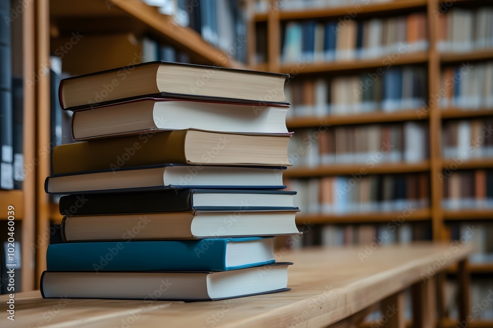 Stack of books against the background of library. Generative AI. Stack of books against the background of library. Generative AI.