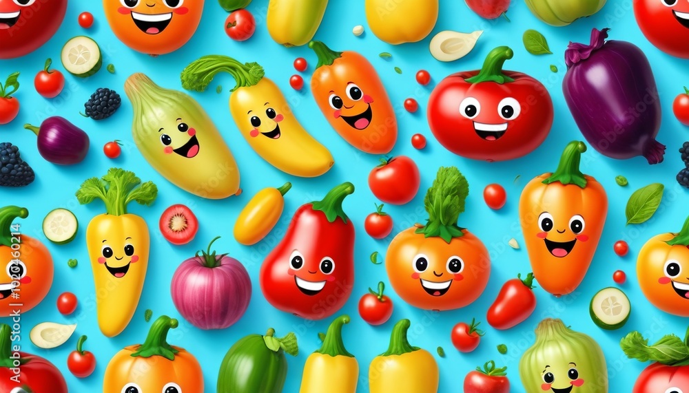 A cute seamless pattern with smiling vegetables, fruits, and colorful kitchen utensils, ideal for children's cooking sets and kitchen decor, Generative AI A cute seamless pattern with smiling vegetables, fruits, and colorful kitchen utensils, ideal for children's cooking sets and kitchen decor, Generative AI