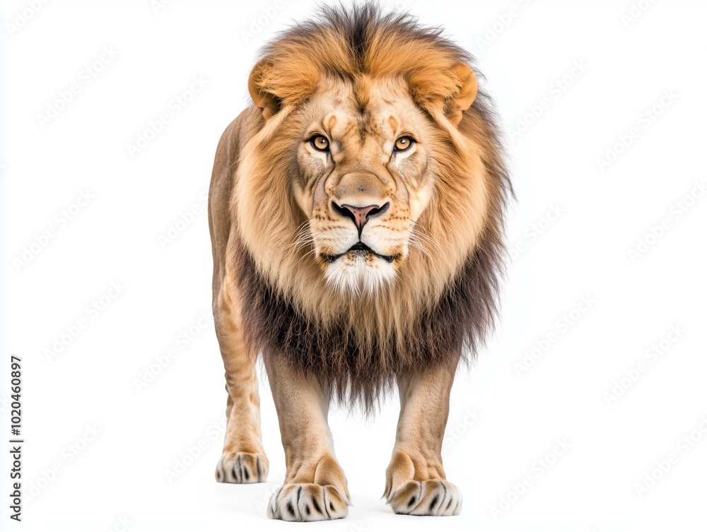 A full-body portrait of a lion standing confidently, isolated on a white background. His fierce gaze and powerful stance capture the essence of the king of the savanna. Perfect for wildlife lovers. A full-body portrait of a lion standing confidently, isolated on a white background. His fierce gaze and powerful stance capture the essence of the king of the savanna. Perfect for wildlife lovers.