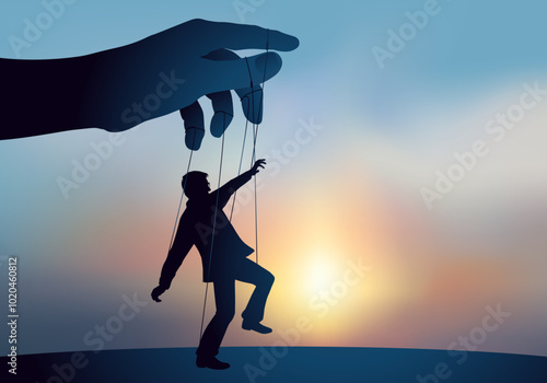 Concept de la manipulation de l’opinion, avec le symbole d’un homme transformé en marionnette qui obéit à l’autorité.