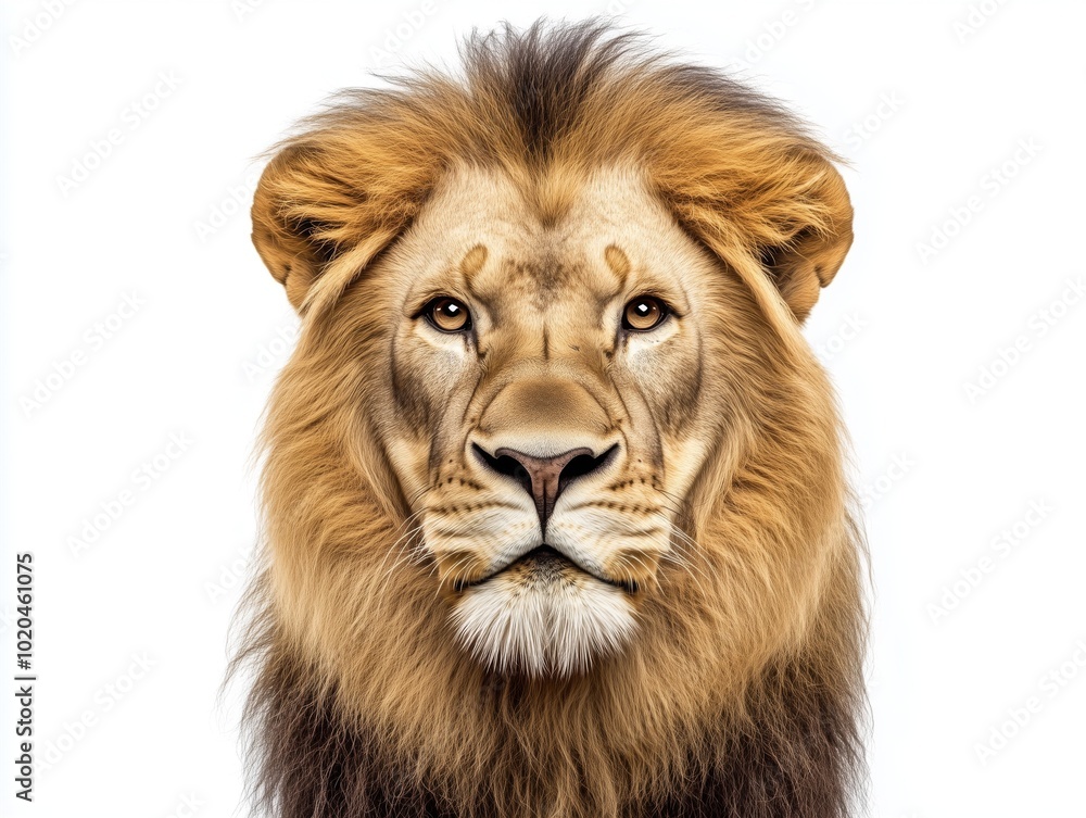 A stunning portrait of a wild lion, with his strong gaze and royal features. This isolated shot on a white background emphasizes his role as a powerful African hunter. A stunning portrait of a wild lion, with his strong gaze and royal features. This isolated shot on a white background emphasizes his role as a powerful African hunter.