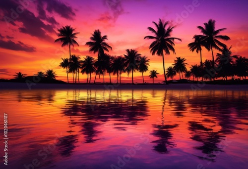 Fototapeta Naklejka Na Ścianę i Meble -  vibrant tropical beach sunset majestic palm silhouettes reflecting calm waters under soft golden sky, colors, sand, reflection, light, clouds, tree, horizon