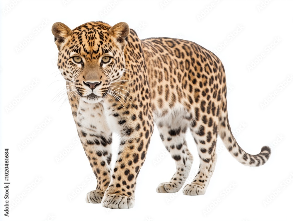 A full-body portrait of a leopard standing half-turned, gazing at the camera, isolated on a white background. His fierce gaze and powerful stance capture the essence of the wildcat A full-body portrait of a leopard standing half-turned, gazing at the camera, isolated on a white background. His fierce gaze and powerful stance capture the essence of the wildcat