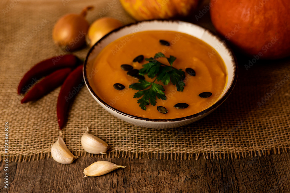A bowl of pumpkin soup on the table. Autumn vegetables. Homemade food A bowl of pumpkin soup on the table. Autumn vegetables. Homemade food