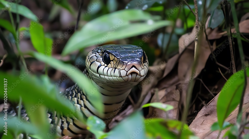 A close-up of a snake among lush green foliage in a forest environment. A close-up of a snake among lush green foliage in a forest environment.