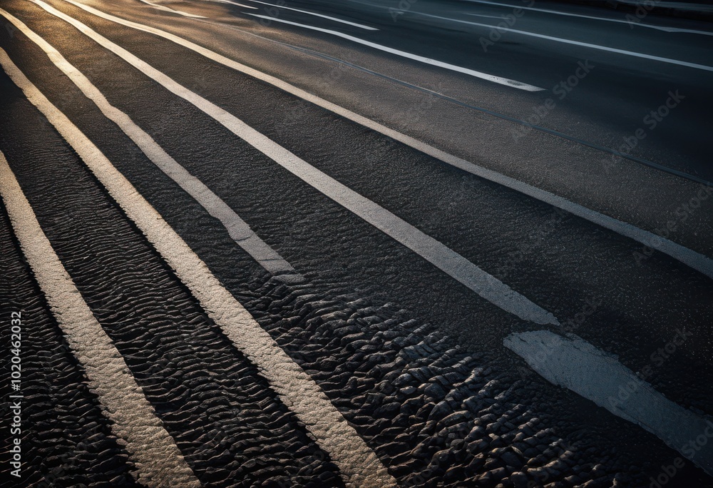 Fototapeta premium detailed macro capturing textured asphalt surface enhanced distinct tire tracks intertwining across urban landscape, pavement, road, pattern, monochrome
