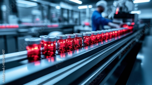Wallpaper Mural A detailed close-up of a conveyor belt in a pharmaceutical manufacturing plant, where medicine vials are neatly aligned. The robotic machinery carefully labels each vial, while tec Torontodigital.ca
