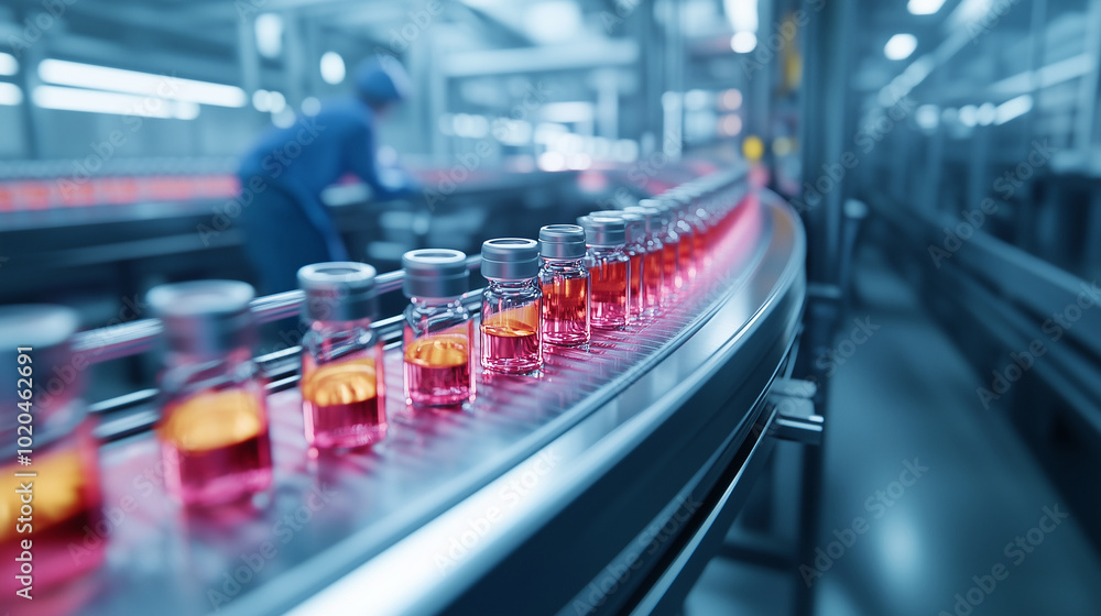Fototapeta premium A high-speed conveyor belt packed with transparent medicine vials filled with bright-colored liquid, zooming through a sterile, high-tech production facility. Automated machines wo