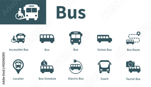 Bus icon. Solid vector symbol set on the theme of transportation, public transport, coach.